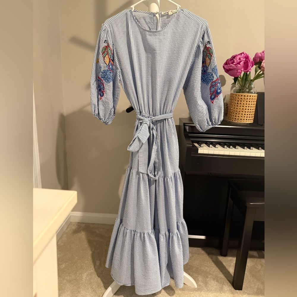 Blue Striped Maxi Dress with Embroidered Sleeves- XS